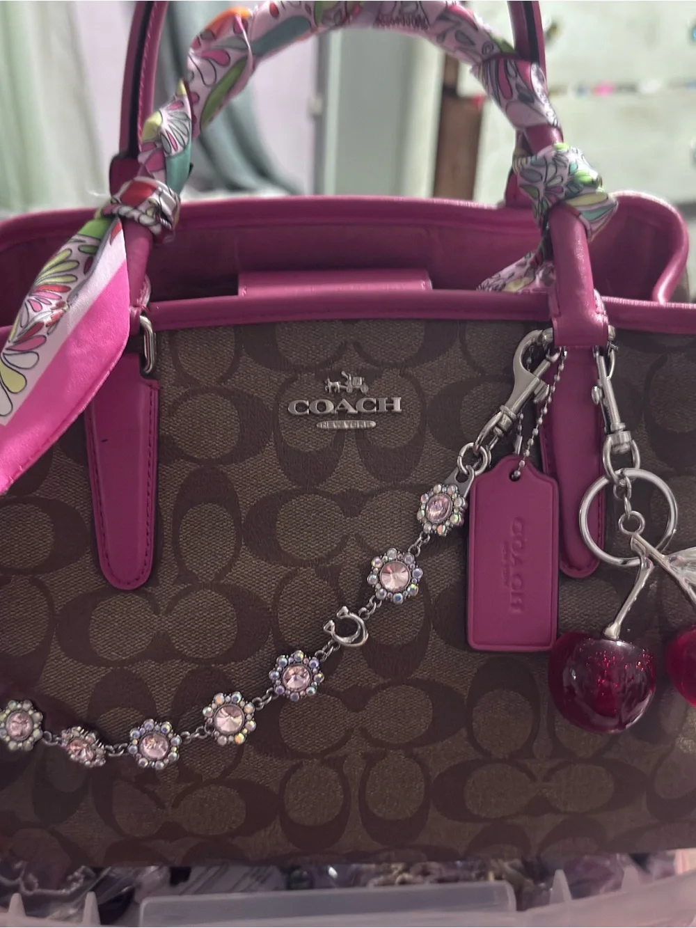 Coach Brown Monogram Satchel with Pink Trim and Cherry Charm